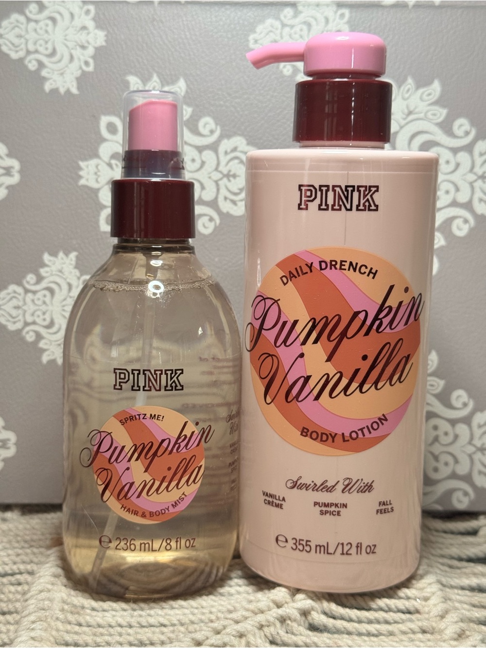 NEW PINK Victoria’s Secret PUMPKIN VANILLA body mist and body lotion set
